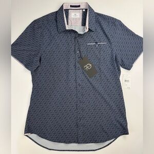 7 Diamonds Shirt Men Medium Blue Cube Print 4 Way Stretch Short Sleeve Button Up